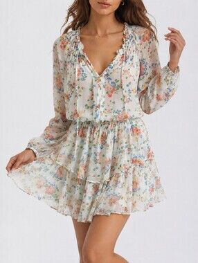 LoveShackFancy 100% Silk Floral Mini Dress Romantic Feminine S